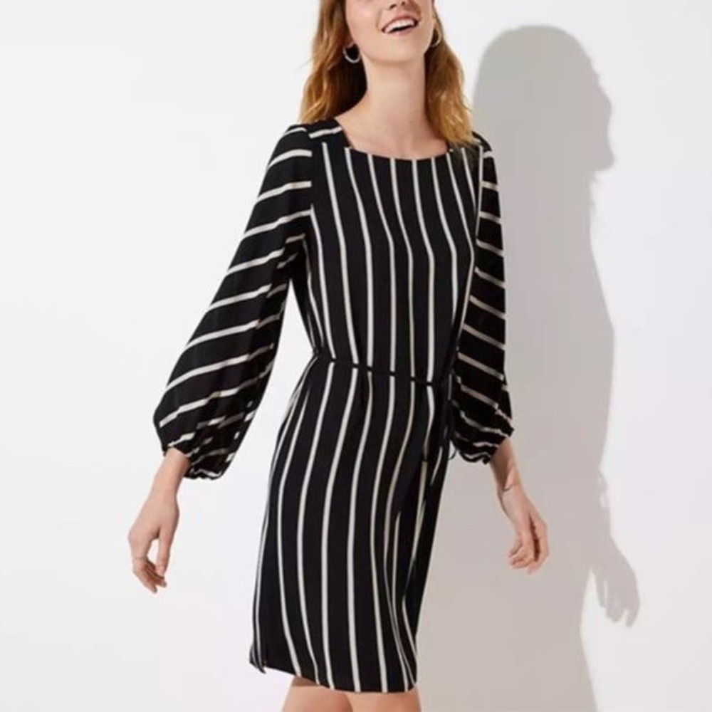 LOFT Striped Mini Dress Women's‎ Size S Black Cream Square Neck Long Sleeve